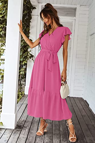 PRETTYGARDEN Women's Summer Floral Boho Maxi Dress Wrap Short Sleeve V Neck Ruffle A-Line Flowy Wedding Guest Long Dresses