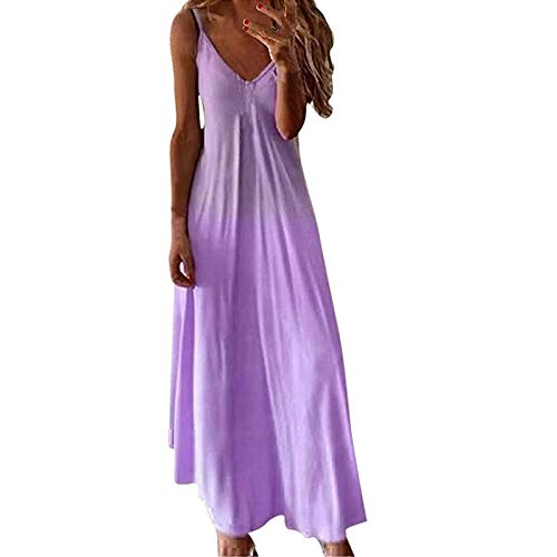sreoci Women Tie Dye Colorful Sexy Sleeveless V Neck Maxi Dress Summer Casual Sundress Beach Party Long Dress-Light Purple Gradient-L