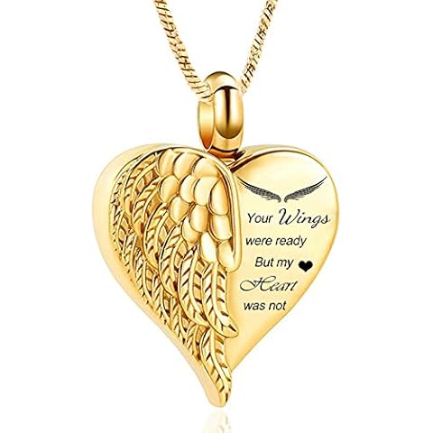 Yinplsmemory Love Heart Urn Necklace for Ashes Keepsake Memorial Cremation Jewelry Stainless Steel Angel Wing Ashes Holder Memorial Gift for Loss of Father/Mother/Pet (Gold) Cover