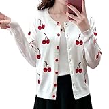 FindThy Women’s Casual Cherry Printed Cardigan Crew Neck Long Sleeve Kawaii Cardigans Cute Sweater(1140-White-OneSize-LB)