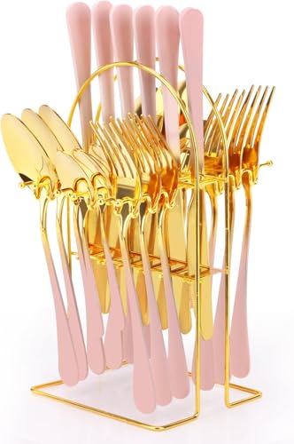 Image of 24 Pieces Flatware Set, Stainless Steel Cutlery Set with Silverware Holder, Modern Gold Silverware Set Includes Dinner Knives Forks Spoons,Hanging Silverware (Pink)