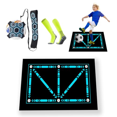 Oversized 47x32 Inch Soccer Training Mat with Adjustable Elastic Cord & Grip Socks - Footstep Grid for Strength Agility, Youth to Pro Team Drills