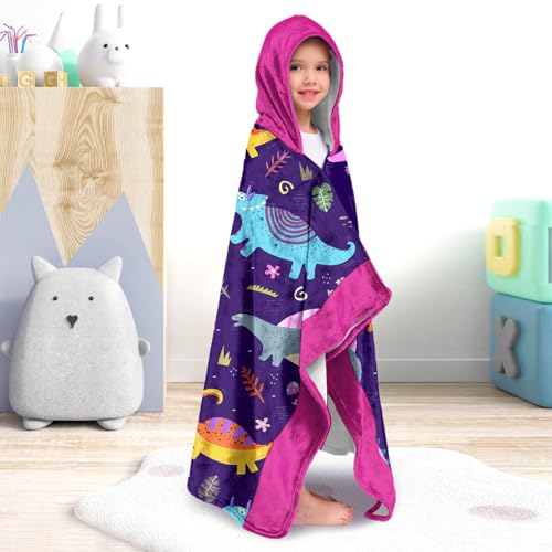 Image of Dinosaur Girls Beach Towel with Hoodie for Kids Toddlers Age 4-8, Pink Bath Towels Shower Wrap for Girls, Hooded Poncho Beach Blanket for Pool Swimming Cute Wearable Bath Towel for Child