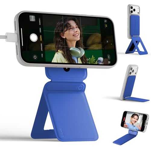 MOFT Phone Stand, Magnetic Phone Tripod Stand Stain-Resistant MOVAS Leather & Angle Adjustment & Strong Magnets Tripod for iPhone 17/16/15/14/13/12 (Included Metal Ring)-Sapphire Sapphire wi