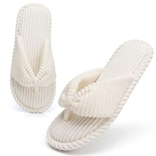Womens Flip Flops Slippers with Memory Foam Cute Corduroy Bow House Slippers Indoors Outdoors Soft Anti-Skid Open Top