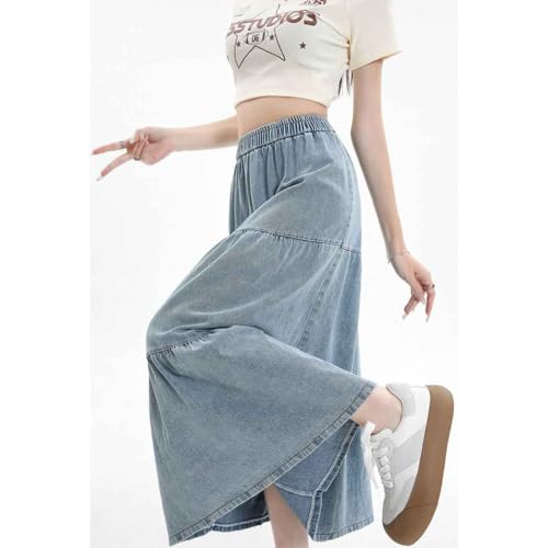 Women's casual denim long skirt with elastic waist A-line skirt, fashionable loose fitting long skirt4