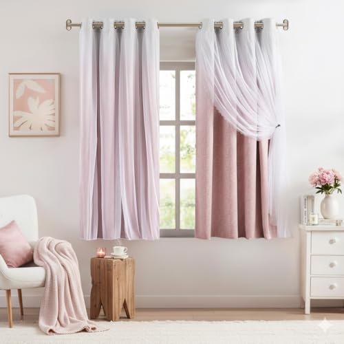 Image of Amzdecor Ombre Full Blackout Curtains with Sheer Overlay 63 Inch Long | Mix and Match Double Layer Drapes Pink White Soundproof Grommet Window Treament for Bedroom Living Room Nursery,2 Panels,52 inchW