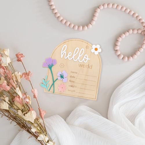 Image of Daisy Hello World Wooden Card - Baby Girls Birth Announcement Board,Newborn Information Record For Hospitals,Daisy Milestone Card Photo Props,Welcome Baby Party Nursery Decorations (hello world card)