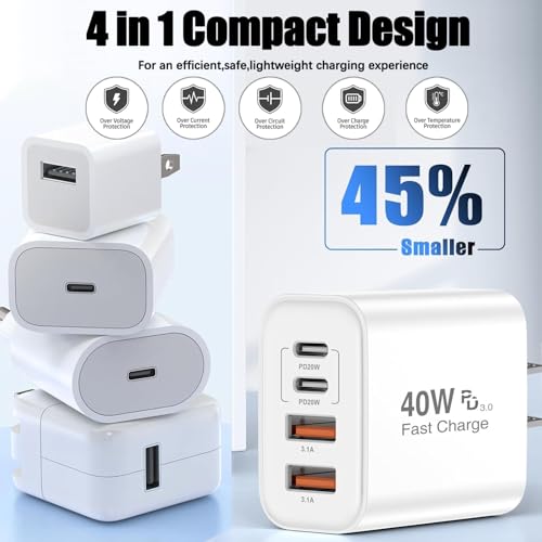 Image of iPhone 17 Charger Fast Charging,4-Port USB C Charger Block 2Pack 40W Apple Charger with 10FT USB C to C Woven Braid Cable Cord for Apple iPhone 17e /17 Pro Max /17 Pro /17 /Air /16e /16 Pro Max /16Plus /15