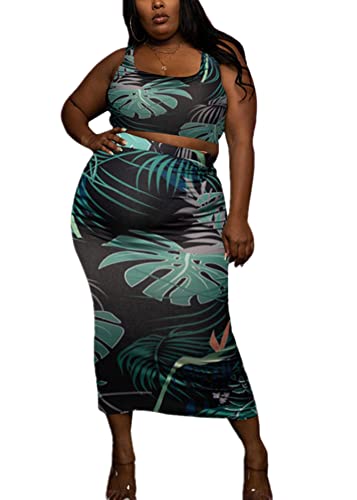 Image of Plus Size Women 2 Piece Outfits Sets Sexy Tracksuit Midi Dress,Sleeveless Tank Top Bodycon Skirts Set Casual Summer