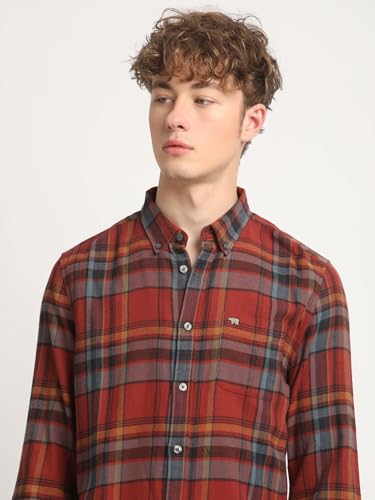 Image of THE BEAR HOUSE Men Rust Checked Slim Fit Flannel Cotton Casual Shirt