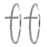 Sparkly Elegant Crystal Cross Hoop Earrings in Silver Tone