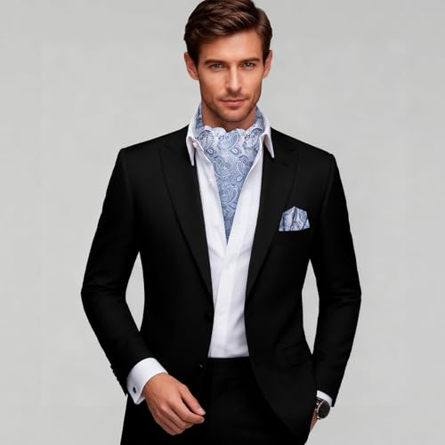 Image of Hi-Tie Silk Ascot for Men Self Tie Men's Cravat and Flower Lapel Pin Handkerchief Cufflinks Set for Wedding Party