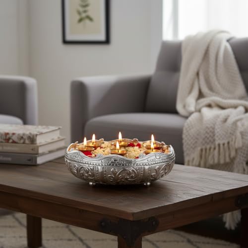 Image of Decorative Embossed Urli German Silver Bowl | Aluminium Urli Pot for Floating Flowers and Tea Light Candles Home Office Diwali Decoration Items Medium 10inch