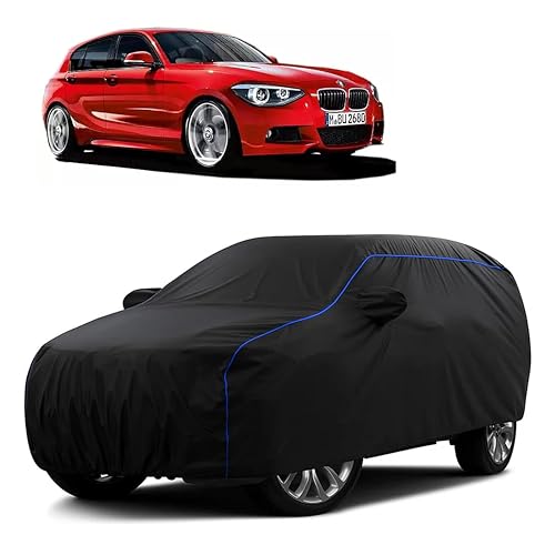 Image of Sulfar 100% Water Resistant Car Body Cover Compatible with Mirror for BMW 118 (Triple Stitched, Full Bottom Elastic, Black Tafetta with Blue Piping)