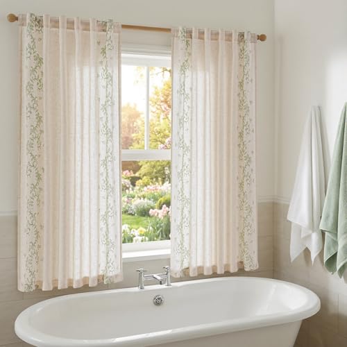 Image of jinchan Floral Linen Curtains, Back Tab 50x63 Inch, 2 Panels Sage