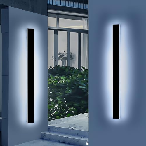 Image of 2 Pack 57inch Modern Outdoor Wall Lights, Long Strip Exterior LED Wall Sconce, 6000K Cold White, IP65 Waterproof, 50W, Black Outside Lighting Fixture for Porch, Garden, Fence, Balcony