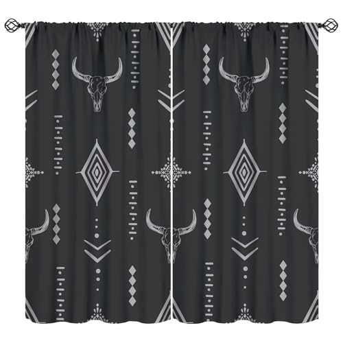 Image of JADERYS Western Blackout Curtains Bull Skull Boho Aesthetic Aztec Black Gray Modern Abstract Art Design Bedroom Living Room Rod Pocket Decoration Window Drapes 2 Panels W21xL45in