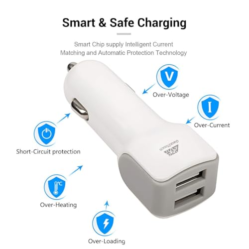 Image of 15W Dual Port Fast Smart Car Charger with Super Fast Charging Technology Compatible with iPhone X /Xr /Xs /Max /8 /7 /Plus, Vivo, Oppo, Samsung Galaxy & All Other Mobile Phones (White)