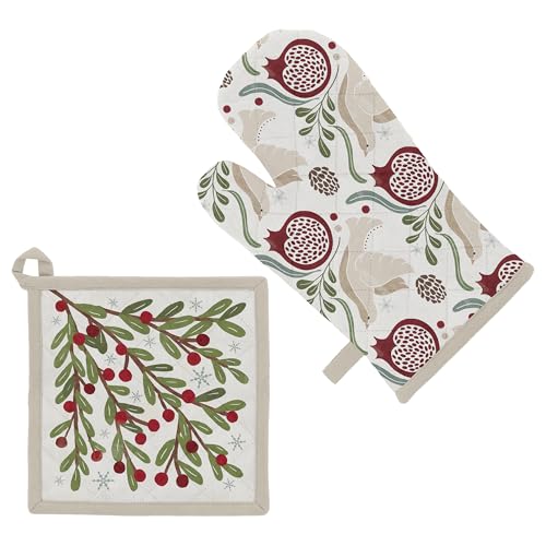 Boston International Cotton Oven Mitt and Pot Holder Kitchen Gifts, 8" x 13" and 7.5" x 7.5", Winter Berry