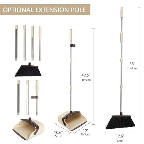 Image of Broom and Dustpan Set with Long Handle | Upright Standing Dustpan with Teeth Comb | Heavy Duty Floor Cleaning Broom Set for Home Kitchen Office | Long Stick Jhadu Set for Easy Cleaning, No Bending