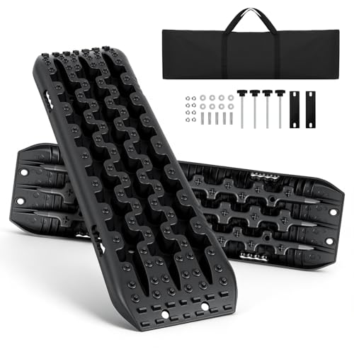 Herrselsam 2 Stücke Sandbleche Offroad Traktionsmatte Kunstoff Anfahrhilfe Recovery Board Tracks mit Aufbewahrungstasche und Installationstool10T Last für Geländewagen Wohnmobil PKW LKW