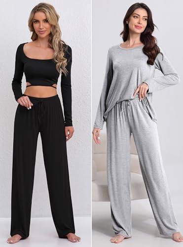 FEQO 2 Pack Damen Loungehose Jogginghose Lang Pyjamahose Stretch Weites Bein Hose Schlafanzughose für Frauen (Schwarz, Grau, L)