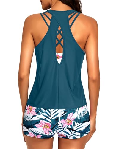 Image of Tempt Me 3 Piece Tankini Swimsuits for Women Athletic Bathing Suits Swim Tank Top with Boy Shorts and Bra Modest Swimwear