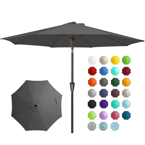 Image of JEAREY 9FT Outdoor Patio Umbrella Outdoor Table Umbrella with Push Button Tilt and Crank, Market Umbrella 8 Sturdy Ribs UV Protection Waterproof for Garden, Deck, Backyard, Pool (Dark Gray)