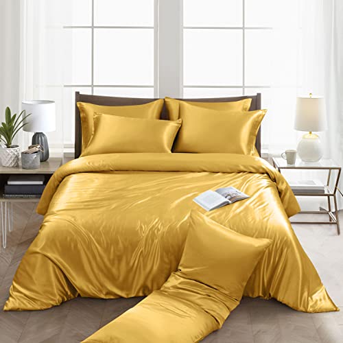 Image of Ersmak 6 Pieces Satin Duvet Cover Full /Queen Size Luxury Silky Bedding Duvet Cover Set with 1 Soft Duvet Cover, 4 Queen Pillowcases and 1 Body Pillowcase, Gold