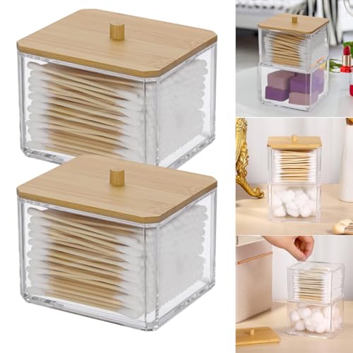 Organizador Acrílico Com Tampa De Bambu Multiuso Porta Algodão Cotonete Maquiagem (3)