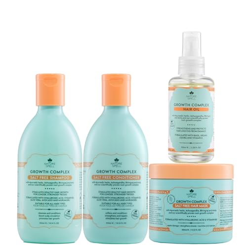 Nature Spell Growth Complex Shampoo and Conditioner, Hair Growth Oil and Hair Mask Set – Pack Of 4 Haircare Set– Salt & Sulphate Free Hair Shampoo and Conditioner– 300ml x2 400ml x1 100ml x1
