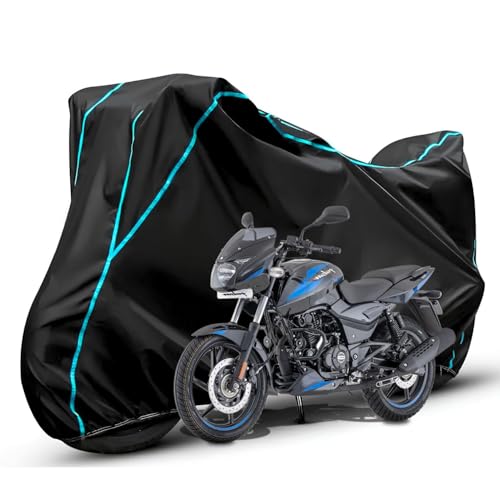Image of Waterproof Bike Body Cover Compatible with Bajaj Pulsar 220f Dustproof Scratchproof - Motorcycle Cover for Two Wheeler, Outdoor Full Cover with UV, Duty, Rain Protection (Black & Aqua) R1A