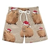 Aflyko Christmas Boys Board Shorts Santa Hat Capybara Brown Fashion Youth Swim Shorts, Relaxed Fit for Beach Holidays and Pool Parties, X-Large