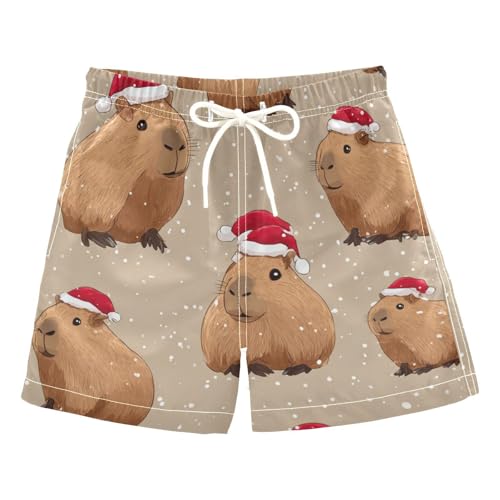 Aflyko Christmas Boys Board Shorts Santa Hat Capybara Brown Fashion Youth Swim Shorts, Relaxed Fit for Beach Holidays and Pool Parties, X-Large