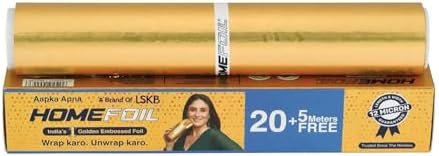 HOMEFOIL 25 Meters Golden Embossed Converted Aluminium Foil | 12 Micron Thickness | Keeps Food Fresh Always | Perfect for Food Wrapping, Packing, Storing and Serving (Pack of 1)