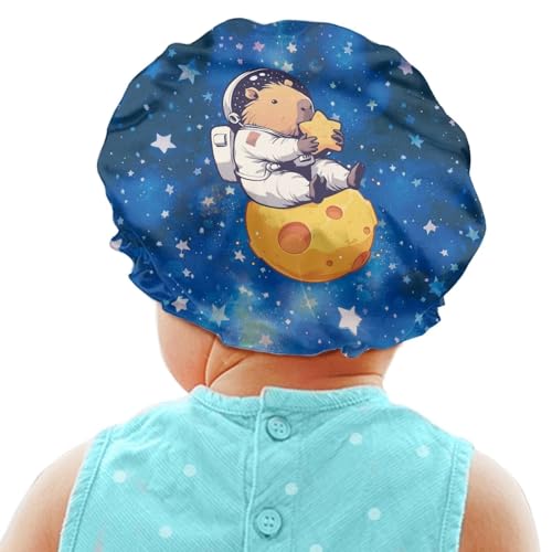 Image of Blue Galaxy Sleeping Cap for Kids Cute Capybara Print Beanie Sleep Hats with Elastic Wide Band Kids Satin Bonnet Adjustable Night Heawear Hat for Curly Natural Hair