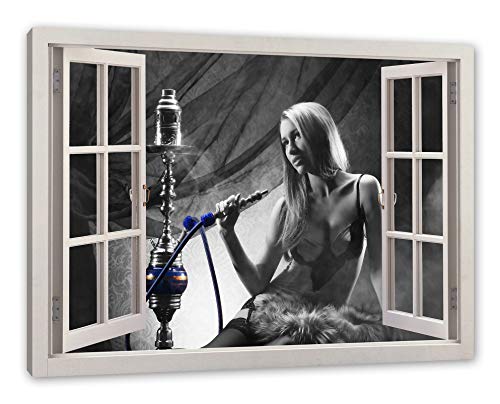 Pixxprint Frau mit Shisha, Fenster Leinwandbild | Größe: 120x80 cm | Wandbild | Kunstdruck