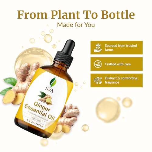 Image of SVA Ginger Essential Oil 4 Fl Oz - for Diffuser, Skin & Hair Care - Ideal for Massage & DIY Blends - with Dropper
