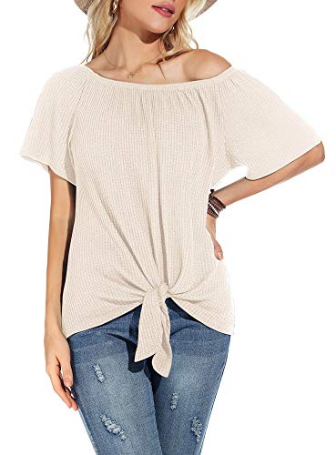 Neineiwu Women s Off The Shoulder Waffle Knit Blouse Short Sleeve Loose Top Casual Tie Knot Shirt (Oatmeal L)