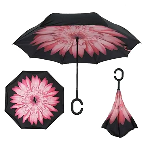 Costume Bay Double Layer Reversible Golf Umbrella | Inverted Blunt Umbrella for Men and Women |UV Protection Umbrella Windproof with C-Shaped Handle - Rain umbrellas Outdoor | Pink Daisy