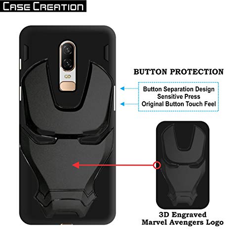 Image of COVERLY Official 3D Smooth Feel Avengers Logo Mask Soft Rugged Grip TPU Silicone Iron Man Engraved Cartoon Movie Engraved Silicone Rubber Matte Strong Back Cover for Oneplus 6 -Black