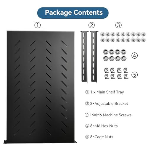 Image of Adjustable 1U Server Rack Shelf 28-34.4 Inch Depth, Vented Design for 4 Post Computer Racks and Cabinets, 80kg Heavy Duty Load Capacity