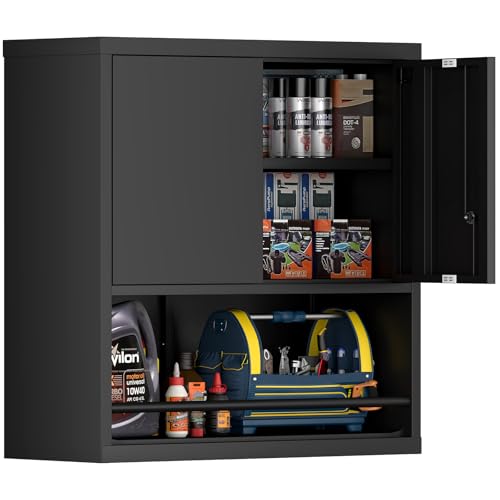 Garage Storage Cabinets,Metal Wall Cabinet with Doors and Shelves,Locking Storage Cabinet for Workshop,Warehouse,Home Office,Black