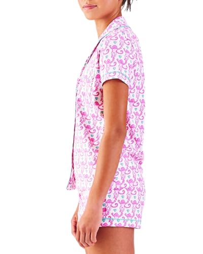 Image of Womens Pajamas Set Trendy 2 Piece Button Down Monkey Bunny Beach Shorts Set Y2k Preppy Loungewear Pjs for Gift Party(Lovely Monkey, Small)