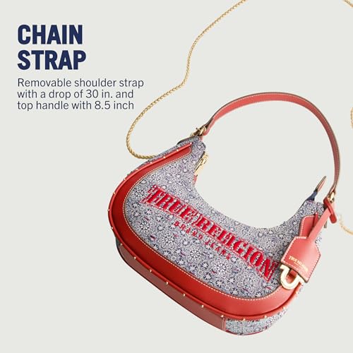 True Religion Hobo Bag, Women's Striped Denim Crescent Handbag and Adjustable Chain Strap, Red4