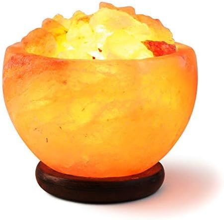 HemingWeigh Hand Crafted Rock Salt Bowl Lamp with Himalayan Salt Chips, Wood Base, Electric Wire & Bulb
