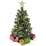 Prextex 23-Inch Mini Christmas Tree with Lights- Small Holiday Tree with Ornaments, Star Topper, and Gift Boxes- Easy Setup Table Decorations for Home, Office, and Indoor Festive Displays