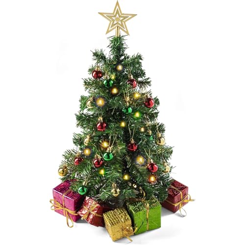 Prextex 23-Inch Mini Christmas Tree with Lights- Small Holiday Tree with Ornaments, Star Topper, and Gift Boxes- Easy Setup Table Decorations for Home, Office, and Indoor Festive Displays