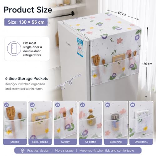 Image of Refrigerator Top Cover with 6 Storage Pockets, Waterproof Fridge Cover, Dustproof PEVA Fridge Mat for Kitchen, Washable Refrigerator Cover (Multi Print Design)